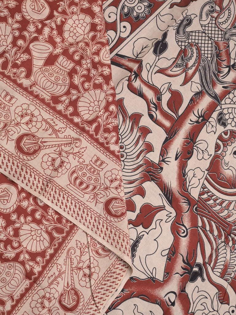 Kalamakari cotton saree red color allover prints & printed border with printed pallu and contrast blouse