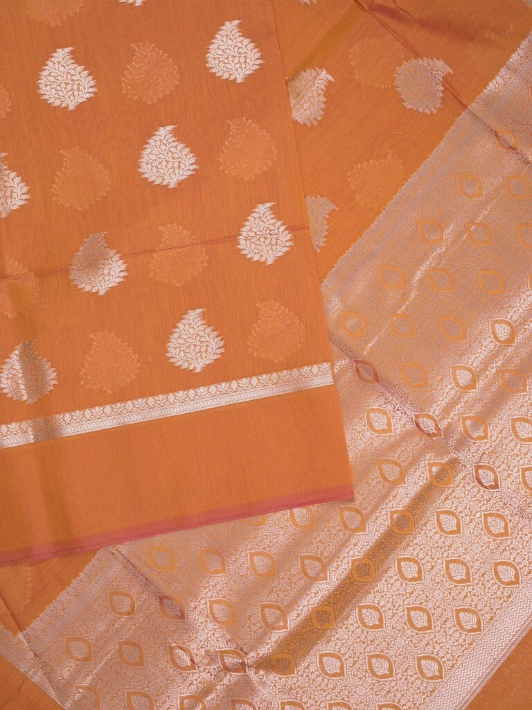 Chanderi fancy saree bronze color allover zari motifs and zari border with brocade pallu and blouse