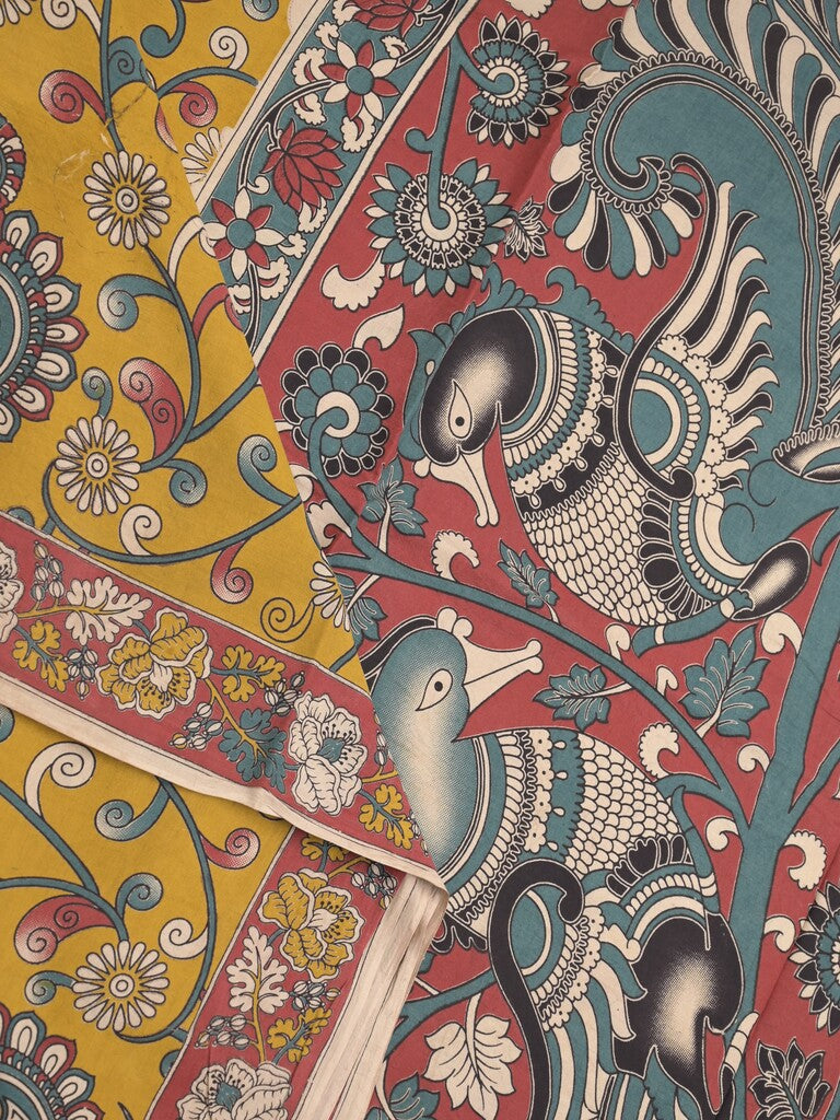 Kalamakari cotton saree golden yellow color allover prints & printed border with printed pallu and contrast blouse