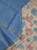 Tussar fancy saree blue color allover checks, mirror work with short zari border with printed pallu and blouse