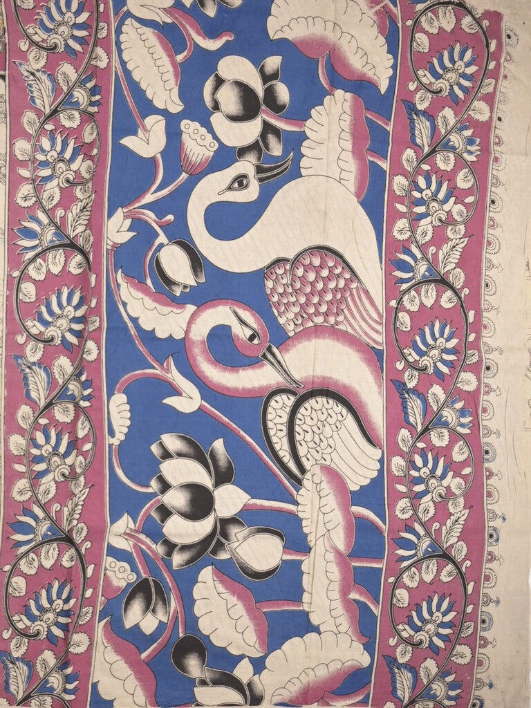 Kalamakari cotton saree half white color allover prints & printed border with printed pallu and contrast blouse