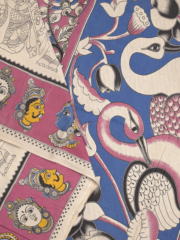 Kalamakari cotton saree half white color allover prints & printed border with printed pallu and contrast blouse
