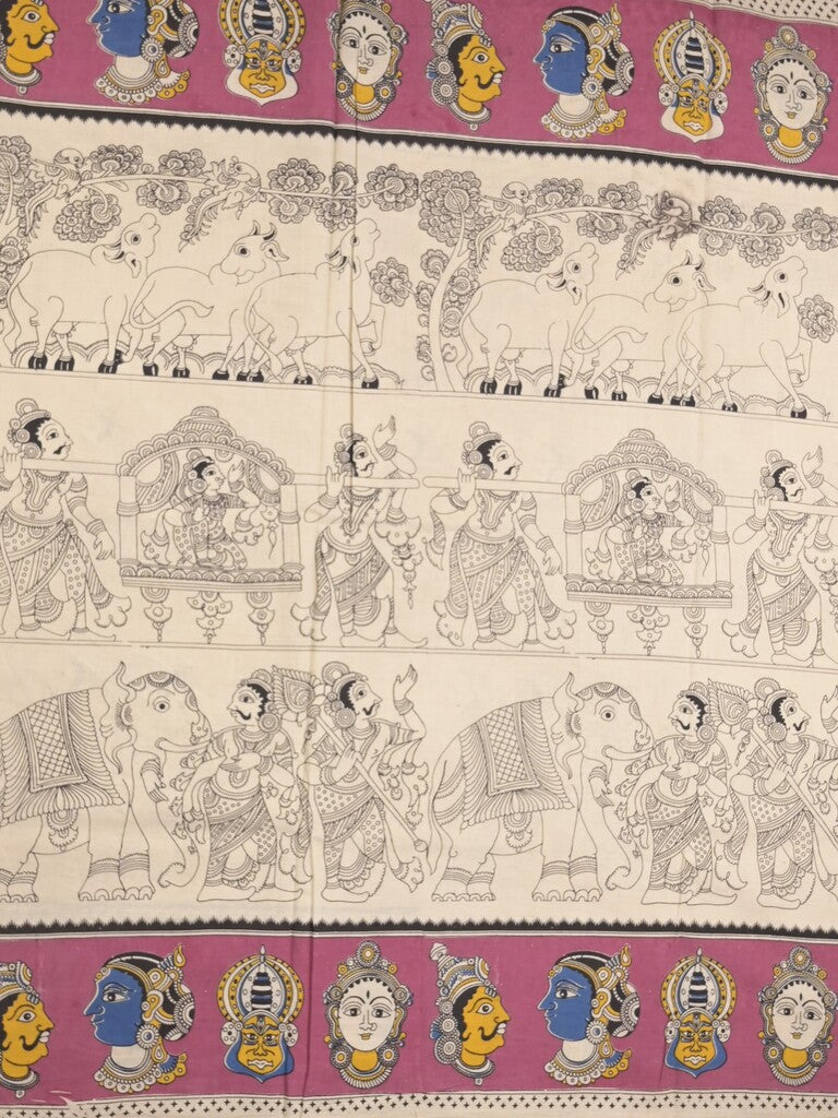 Kalamakari cotton saree half white color allover prints & printed border with printed pallu and contrast blouse