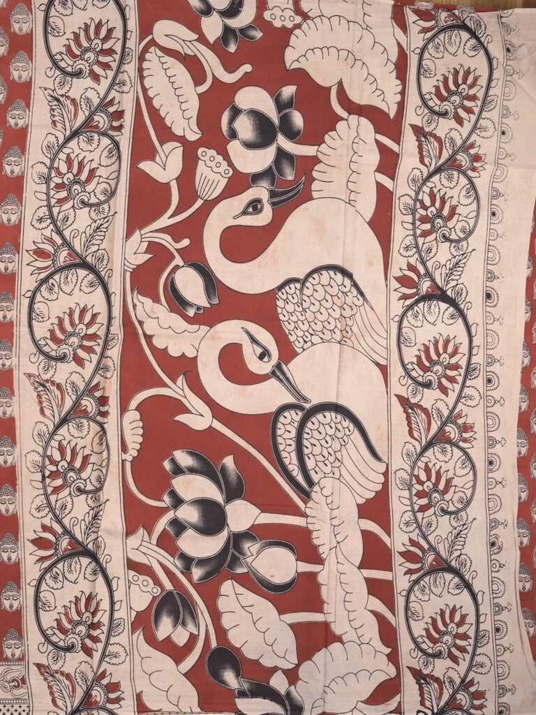 Kalamakari cotton saree maroon color allover prints & printed border with printed pallu and contrast blouse