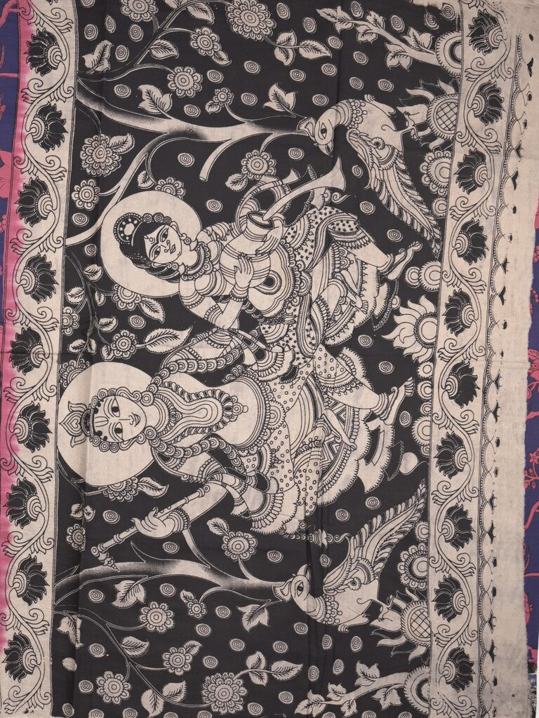 Kalamakari cotton saree navy blue color allover prints & printed border with printed pallu and contrast blouse