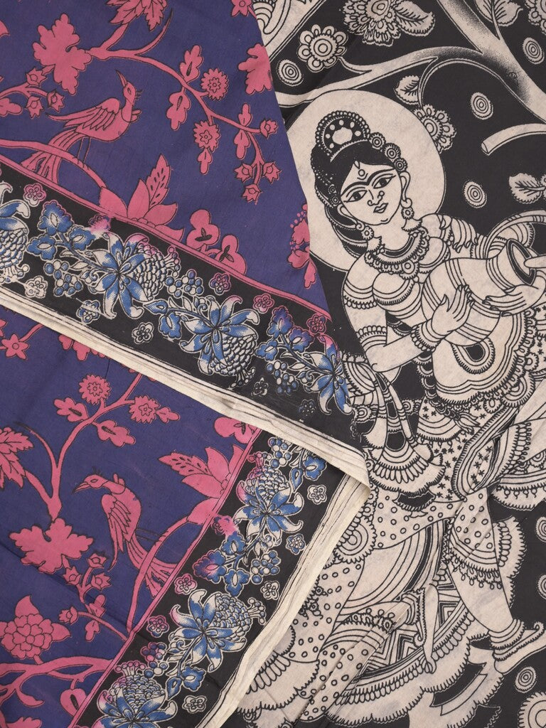 Kalamakari cotton saree navy blue color allover prints & printed border with printed pallu and contrast blouse