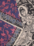 Kalamakari cotton saree navy blue color allover prints & printed border with printed pallu and contrast blouse