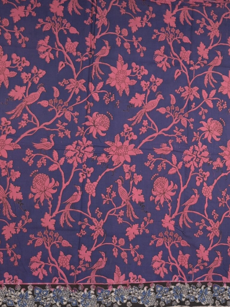 Kalamakari cotton saree navy blue color allover prints & printed border with printed pallu and contrast blouse