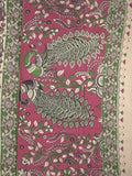 Kalamakari cotton saree half white color allover prints & printed border with printed pallu and contrast blouse