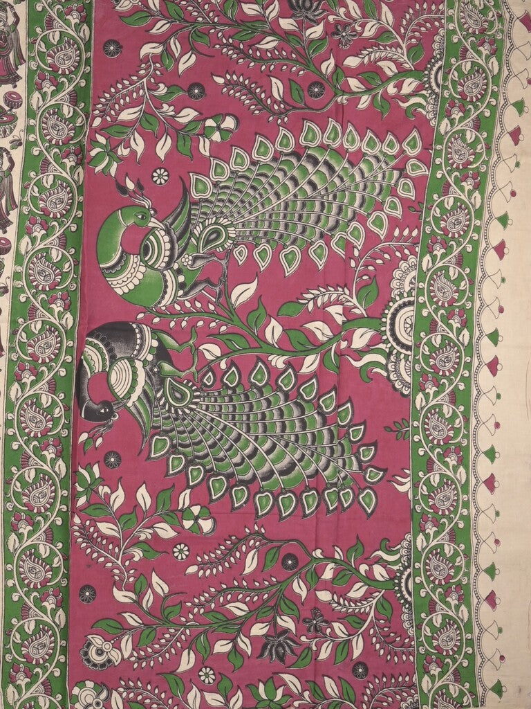 Kalamakari cotton saree half white color allover prints & printed border with printed pallu and contrast blouse
