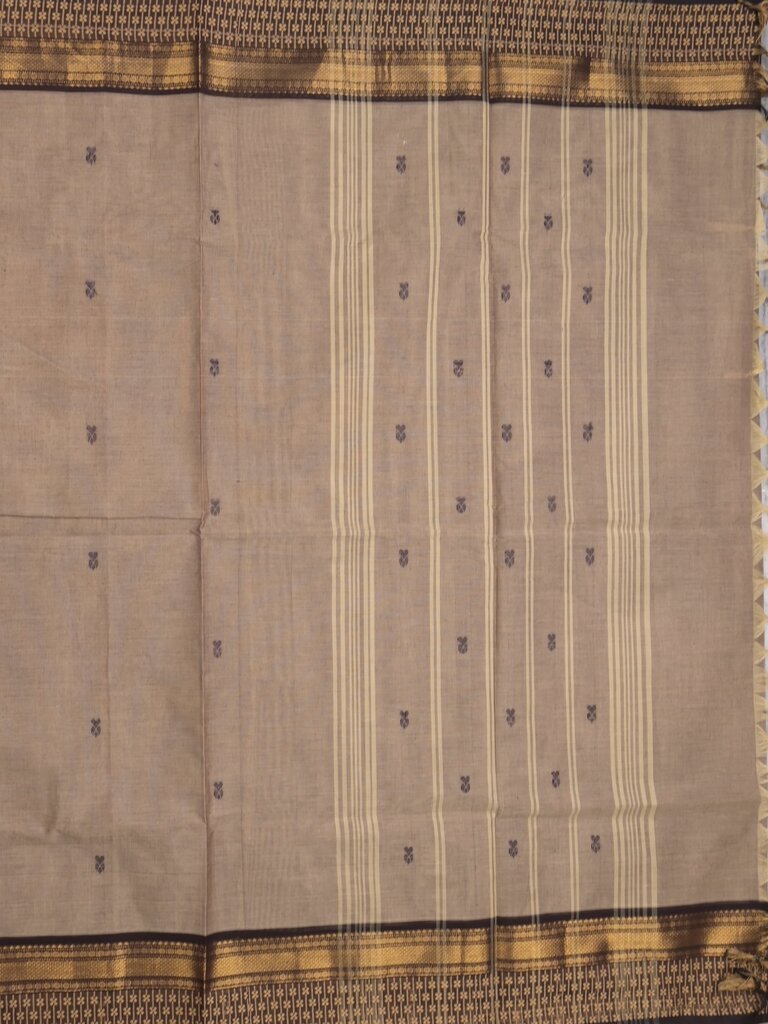Kanchi cotton saree allover motifs with contrast border and attached self blouse
