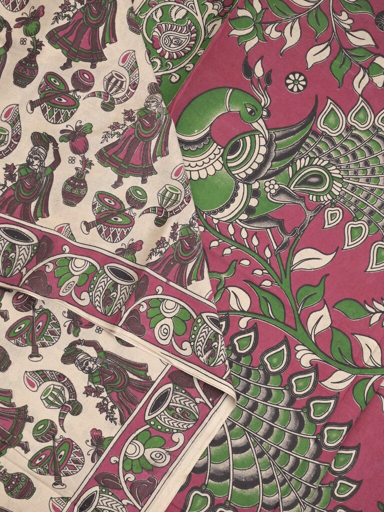 Kalamakari cotton saree half white color allover prints & printed border with printed pallu and contrast blouse