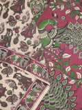 Kalamakari cotton saree half white color allover prints & printed border with printed pallu and contrast blouse