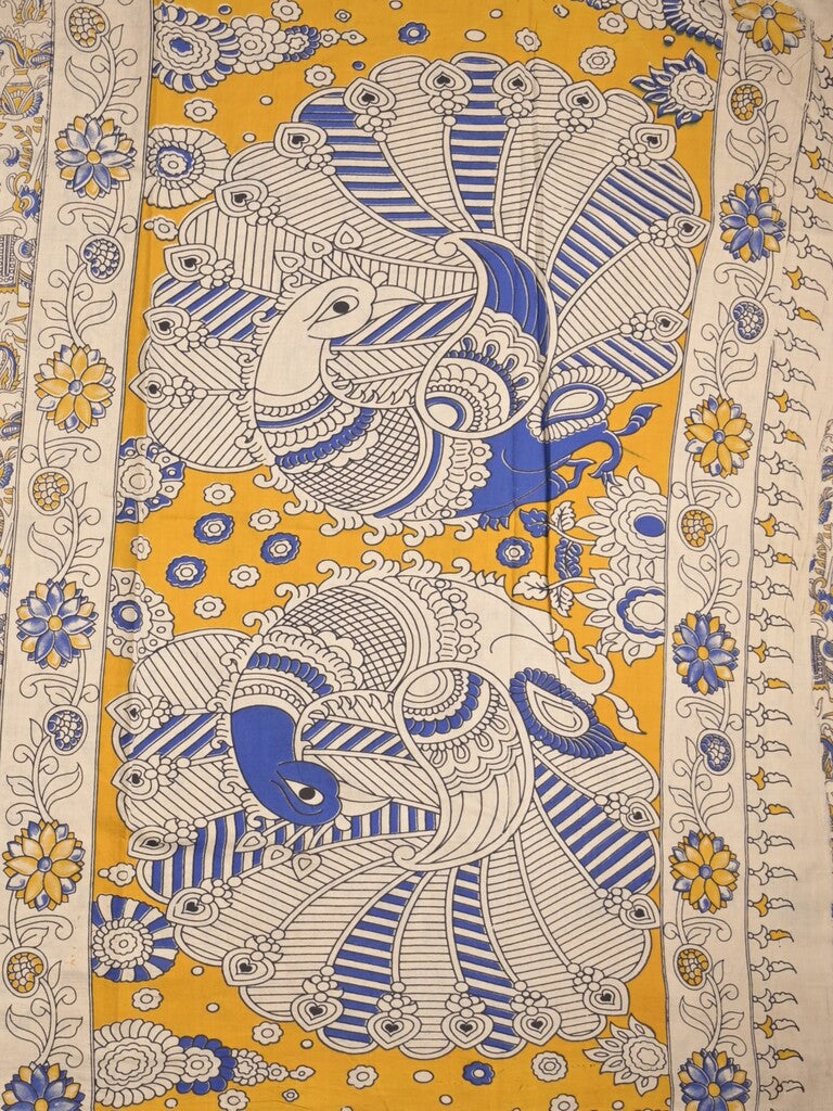 Kalamakari cotton saree half white color allover prints & printed border with printed pallu and contrast blouse