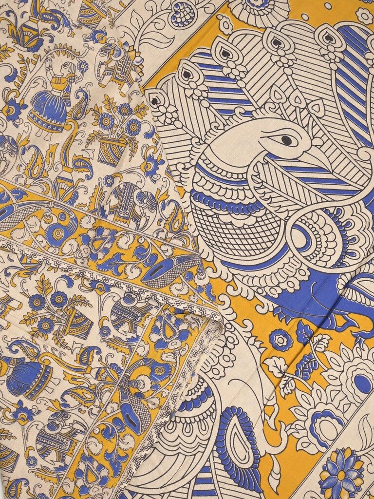 Kalamakari cotton saree half white color allover prints & printed border with printed pallu and contrast blouse