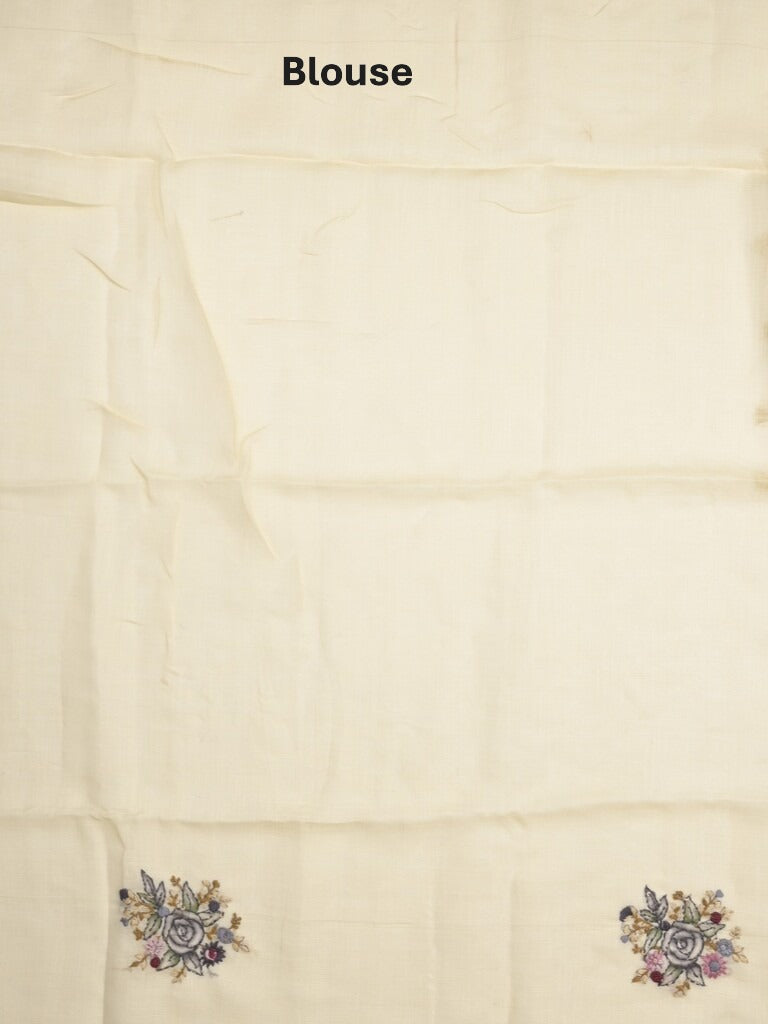 Lenin tissue embroidered fancy saree in cream color with embroidery pallu and matching blouse