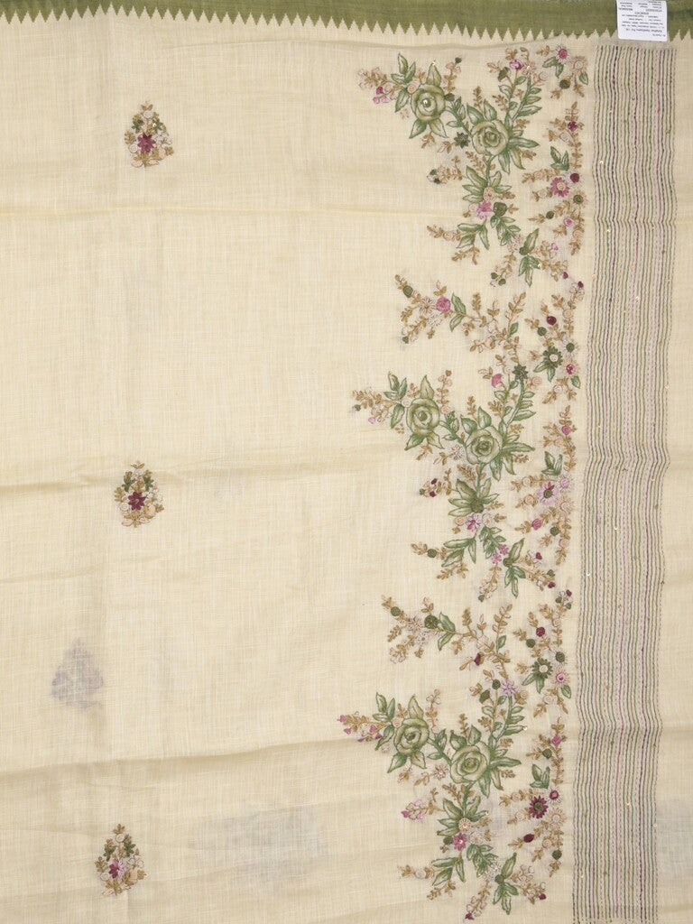 Lenin tissue embroidered fancy saree in cream color with embroidery pallu and matching blouse