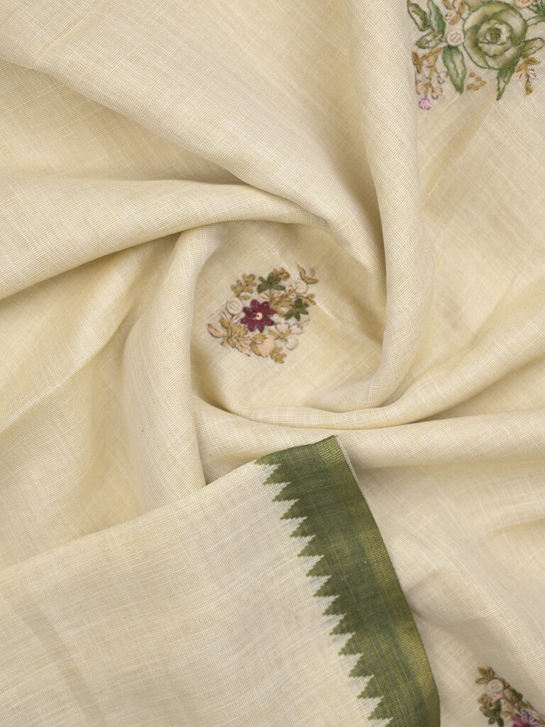 Lenin tissue embroidered fancy saree in cream color with embroidery pallu and matching blouse