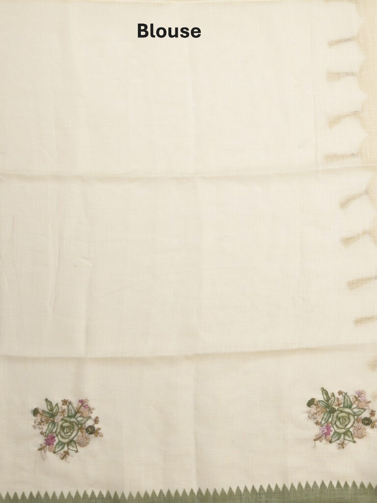 Lenin tissue embroidered fancy saree in cream color with embroidery pallu and matching blouse