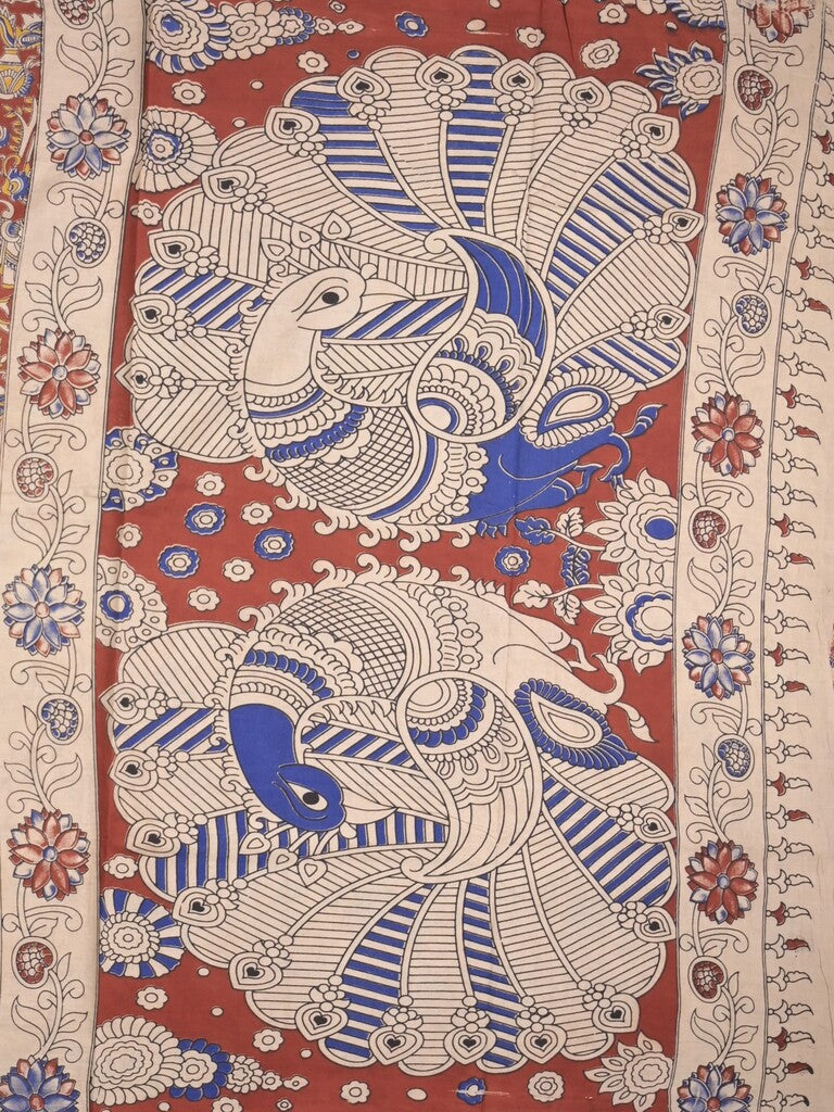 Kalamakari cotton saree maroon color allover prints & printed border with printed pallu and contrast blouse