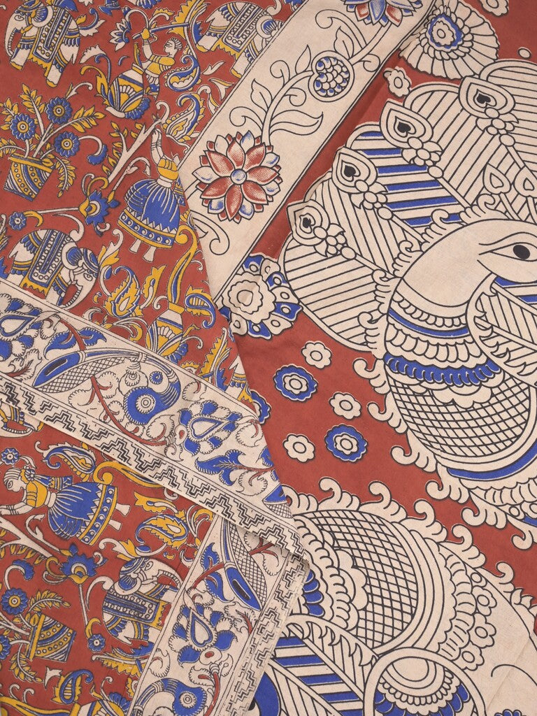Kalamakari cotton saree maroon color allover prints & printed border with printed pallu and contrast blouse