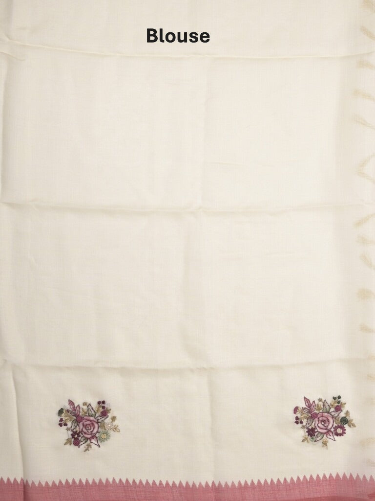 Lenin tissue embroidered fancy saree in cream color with embroidery pallu and matching blouse