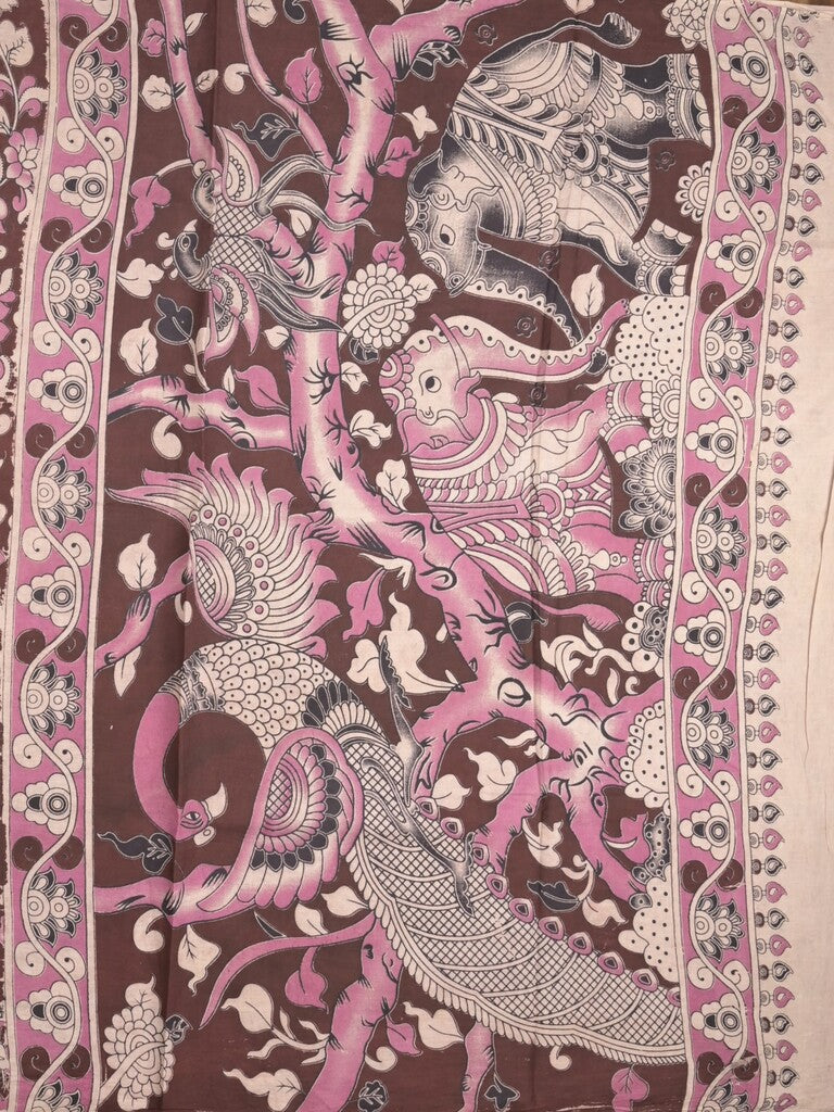 Kalamakari cotton saree brown color allover prints & printed border with printed pallu and contrast blouse