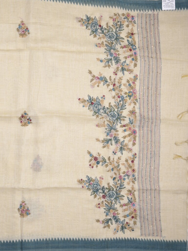 Lenin tissue embroidered fancy saree in cream color with embroidery pallu and matching blouse