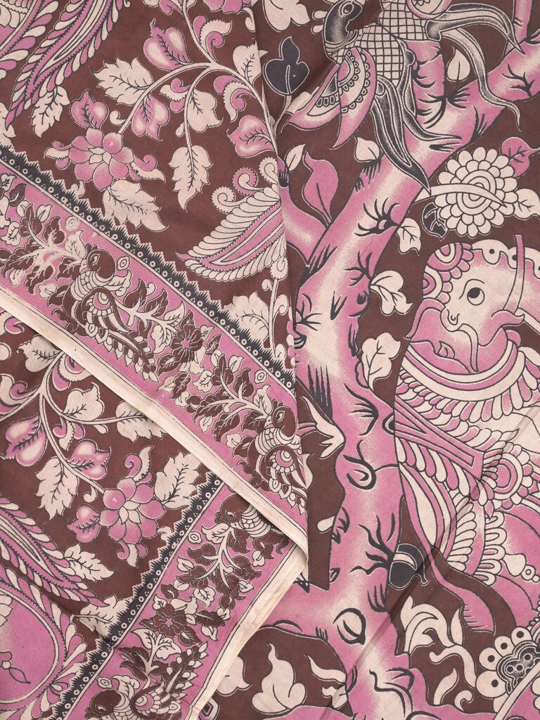 Kalamakari cotton saree brown color allover prints & printed border with printed pallu and contrast blouse