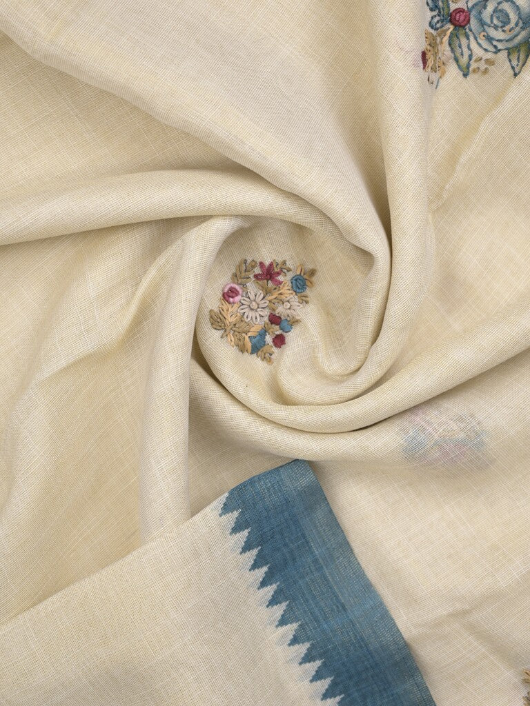 Lenin tissue embroidered fancy saree in cream color with embroidery pallu and matching blouse