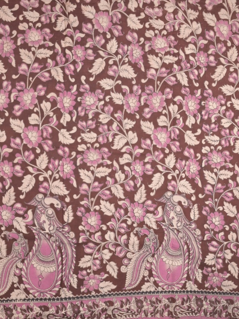 Kalamakari cotton saree brown color allover prints & printed border with printed pallu and contrast blouse