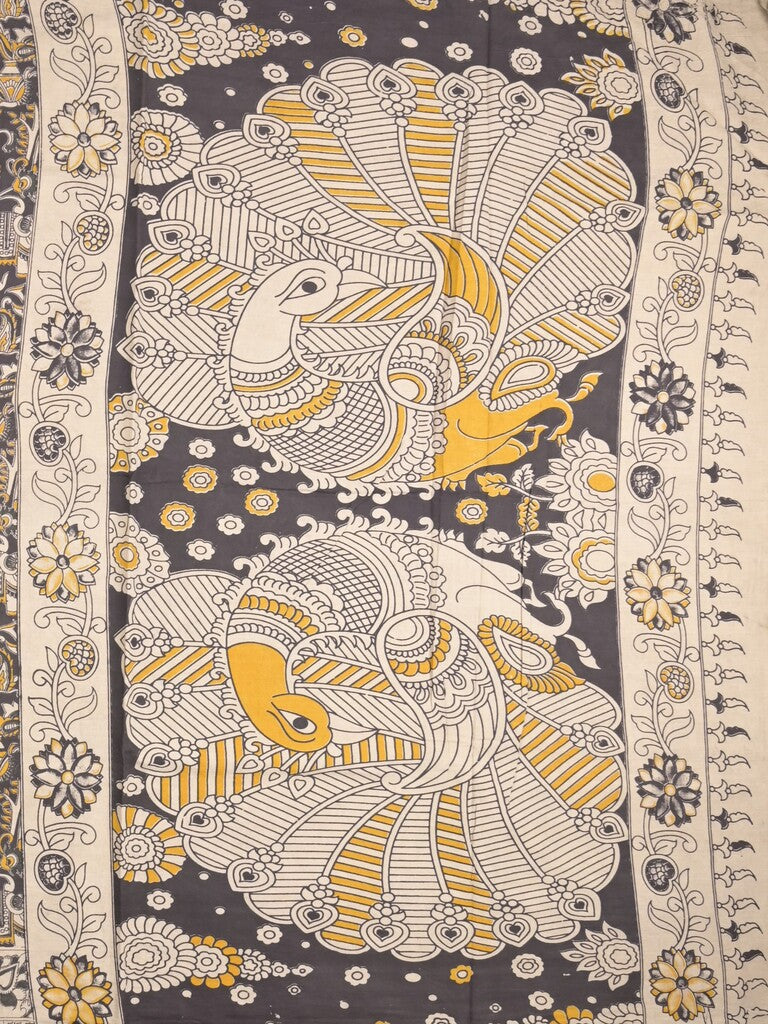 Kalamakari cotton saree black color allover prints & printed border with printed pallu and contrast blouse