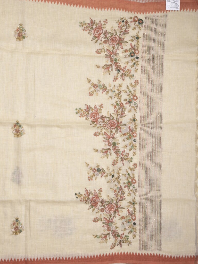 Lenin tissue embroidered fancy saree in cream color with embroidery pallu and matching blouse