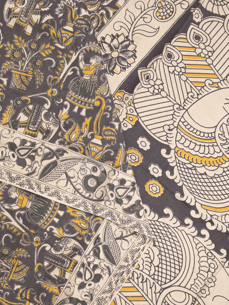 Kalamakari cotton saree black color allover prints & printed border with printed pallu and contrast blouse