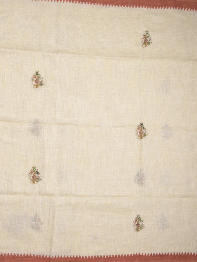 Lenin tissue embroidered fancy saree in cream color with embroidery pallu and matching blouse