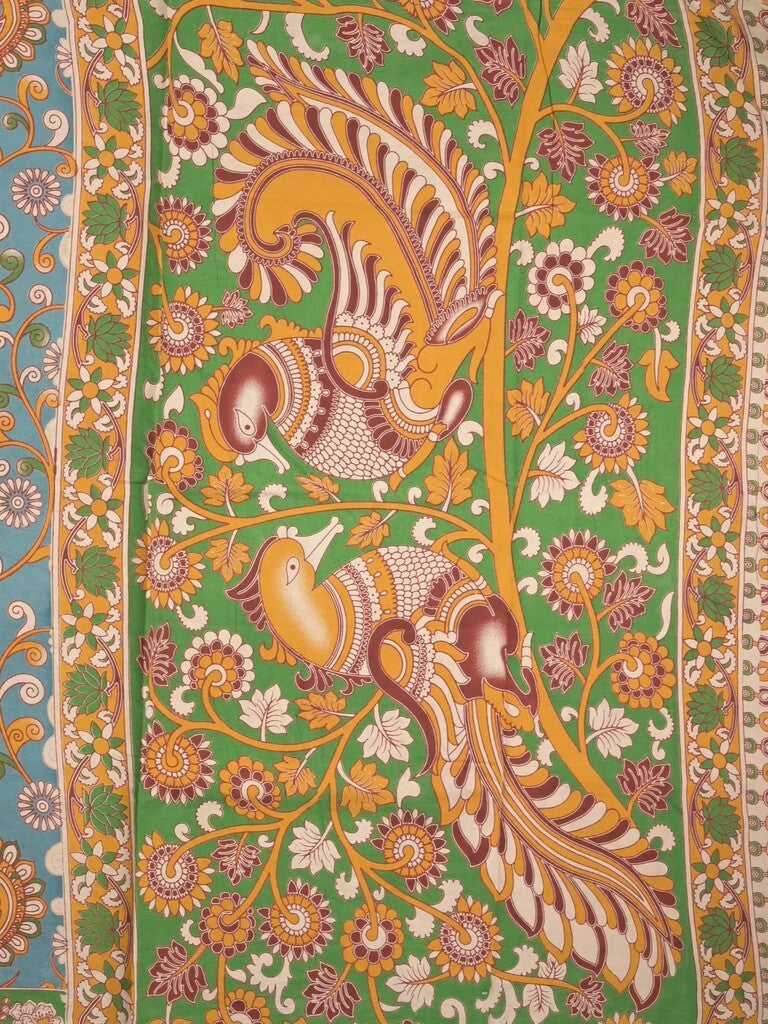 Kalamakari cotton saree light blue color allover prints & printed border with printed pallu and contrast blouse