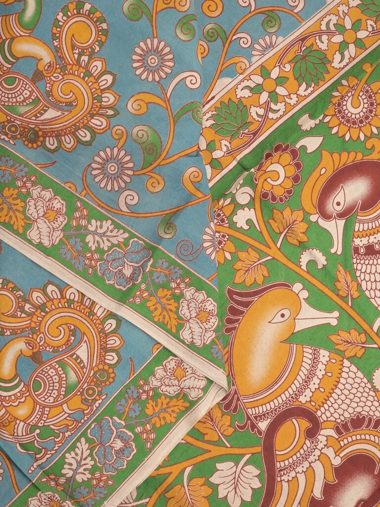Kalamakari cotton saree light blue color allover prints & printed border with printed pallu and contrast blouse