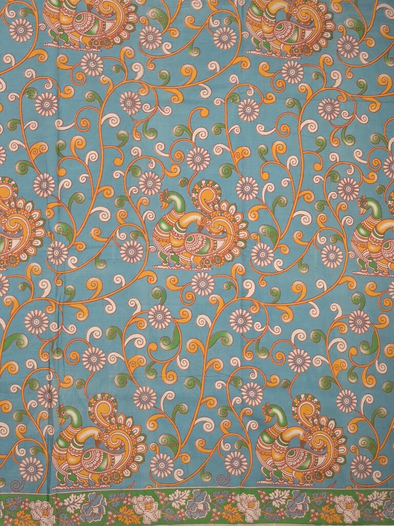 Kalamakari cotton saree light blue color allover prints & printed border with printed pallu and contrast blouse