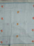 Lenin tissue embroidered fancy saree in light blue color with embroidery pallu and matching blouse