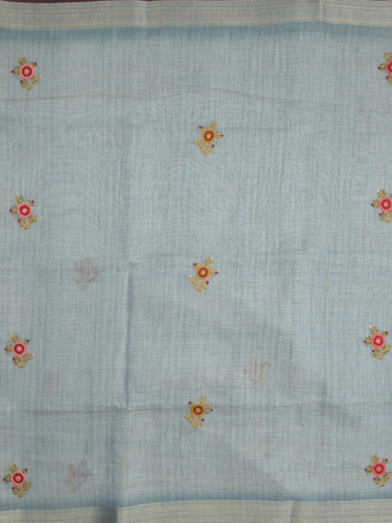 Lenin tissue embroidered fancy saree in light blue color with embroidery pallu and matching blouse