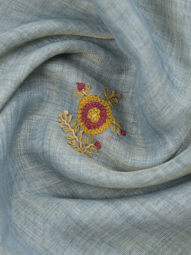 Lenin tissue embroidered fancy saree in light blue color with embroidery pallu and matching blouse