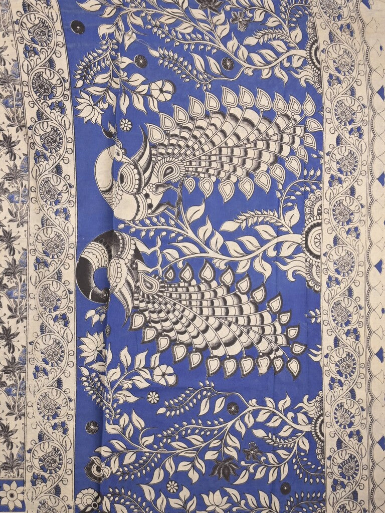 Kalamakari cotton saree half white color allover prints & printed border with printed pallu and contrast blouse