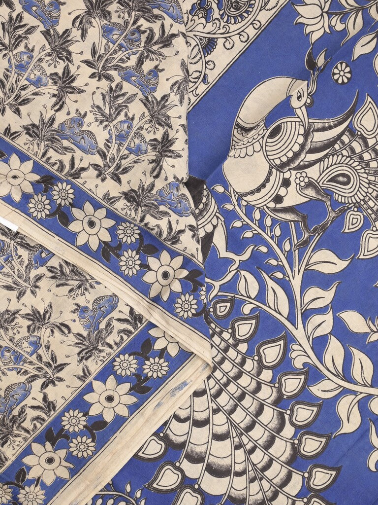 Kalamakari cotton saree half white color allover prints & printed border with printed pallu and contrast blouse