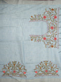 Lenin tissue embroidered fancy saree in light blue color with embroidery pallu and matching blouse