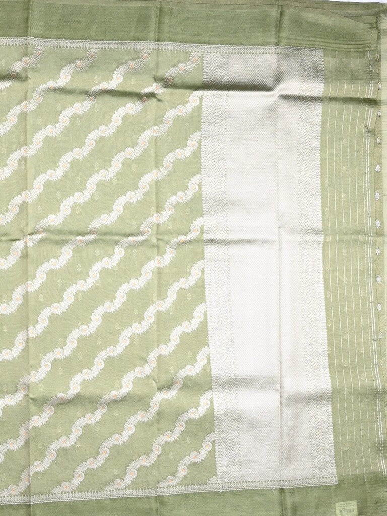 Organza tissue fancy saree light olive green color allover stripes & small kaddi border with short pallu and attached blouse