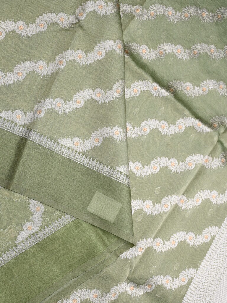 Organza tissue fancy saree light olive green color allover stripes & small kaddi border with short pallu and attached blouse