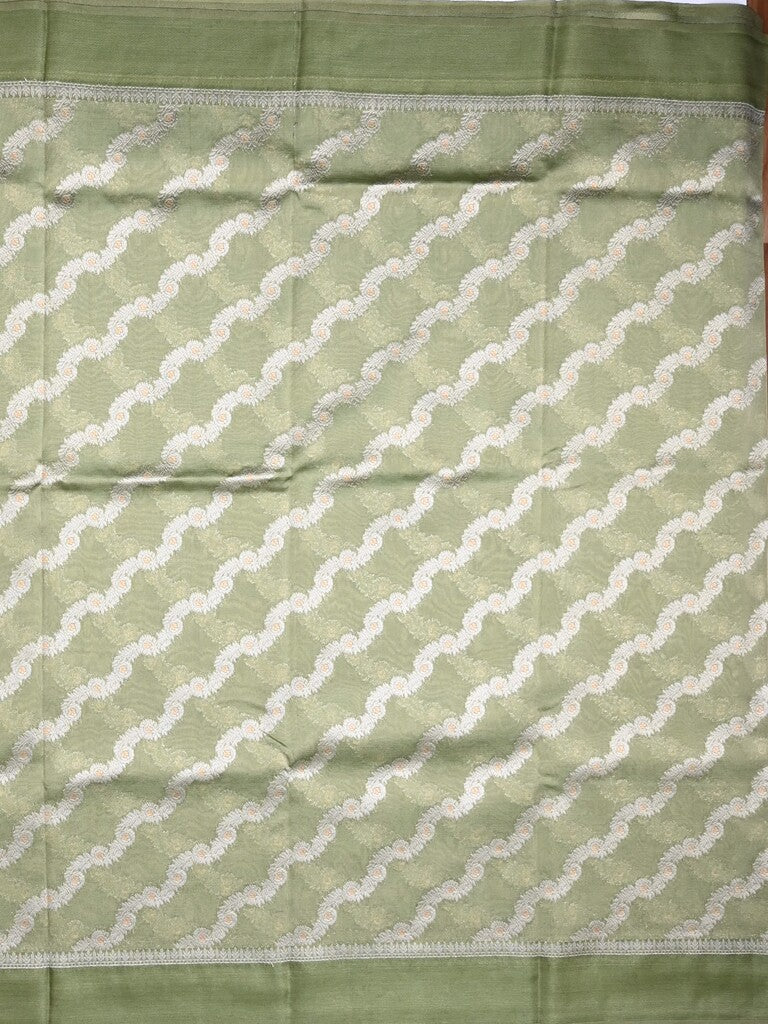 Organza tissue fancy saree light olive green color allover stripes & small kaddi border with short pallu and attached blouse
