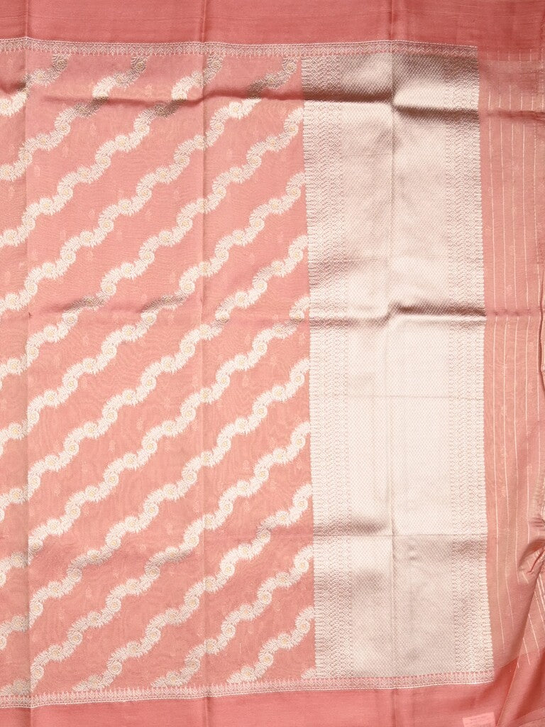 Organza tissue fancy saree peach color allover stripes & small kaddi border with short pallu and attached blouse