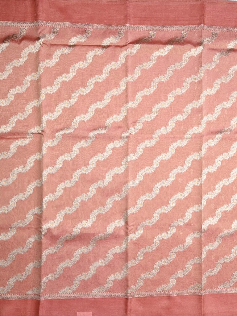 Organza tissue fancy saree peach color allover stripes & small kaddi border with short pallu and attached blouse