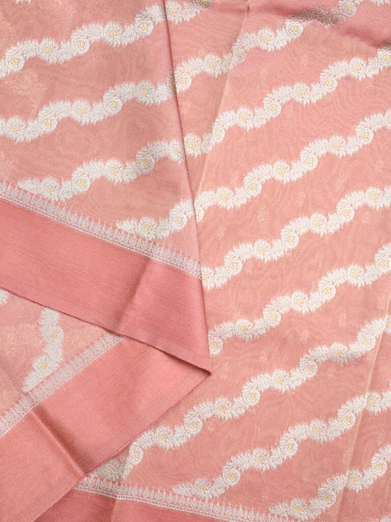Organza tissue fancy saree peach color allover stripes & small kaddi border with short pallu and attached blouse